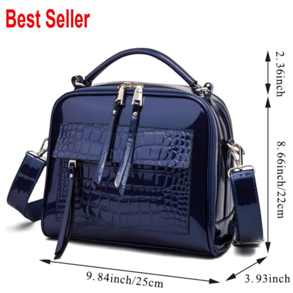 Patent Leather Satchel with Adjustable Strap and Zipper Closure